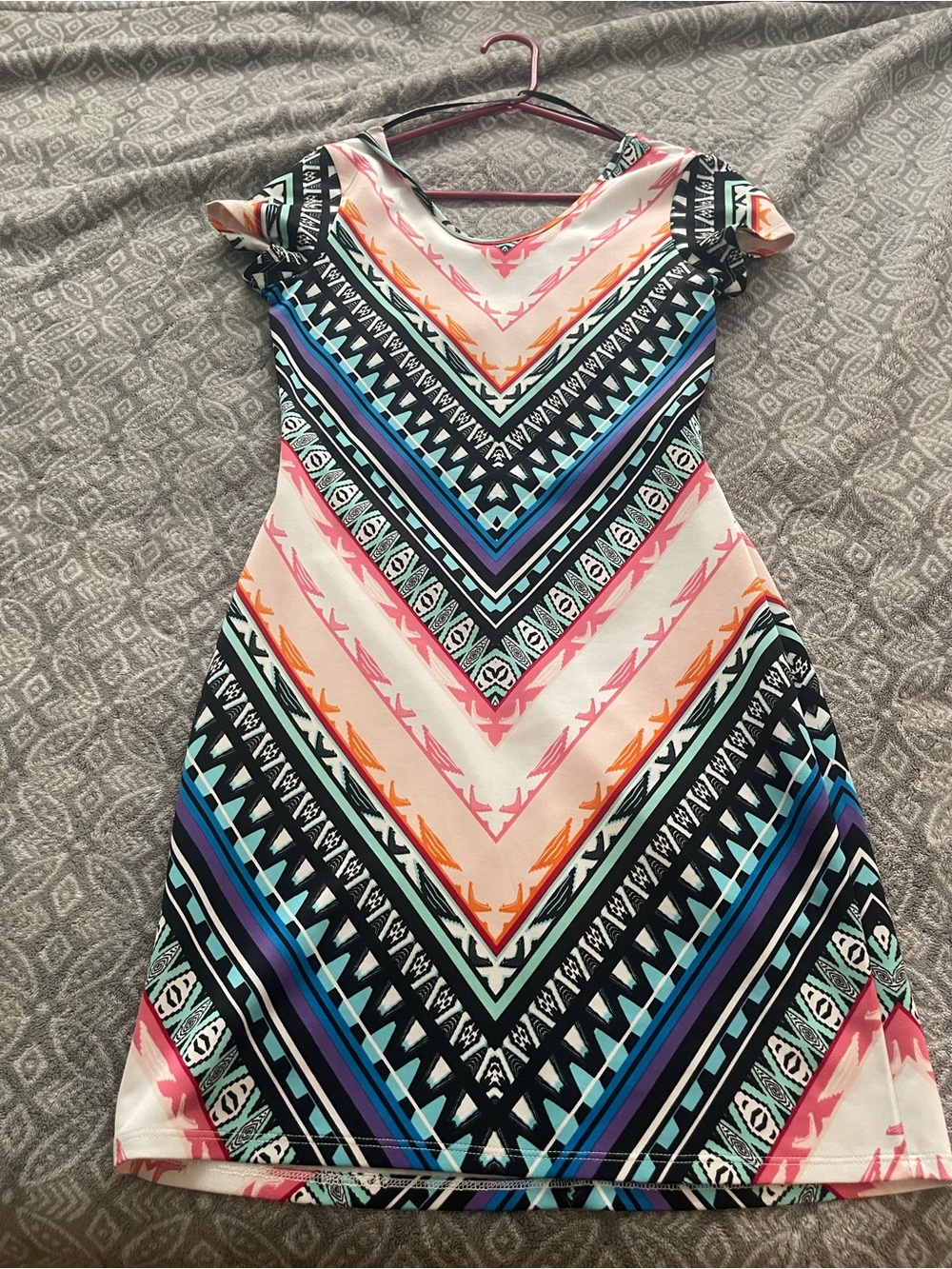 Asymmetrical Tribal V-Neck Dress in Pink & Multicolor